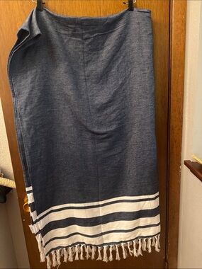 Navy Blue Beach Towel with White Stripe and Fringe